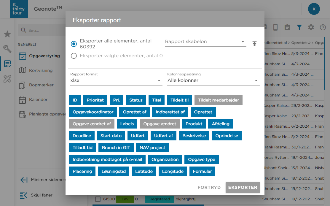 Eksporter opgaver til Excel, CSV og QGIS