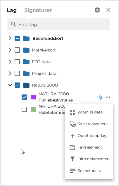 Lagpanelet med lagmenuen åben ud for et lag