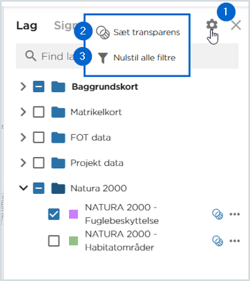 Tandhjulsmenuen i lagpanelet med Sæt transparens og Nulstil alle filtre