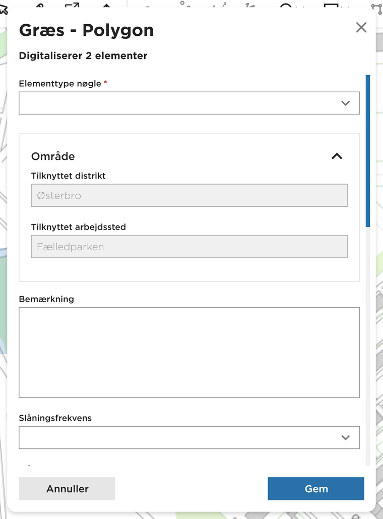 Attributdialogen med det obligatoriske felt Elementtype nøgle