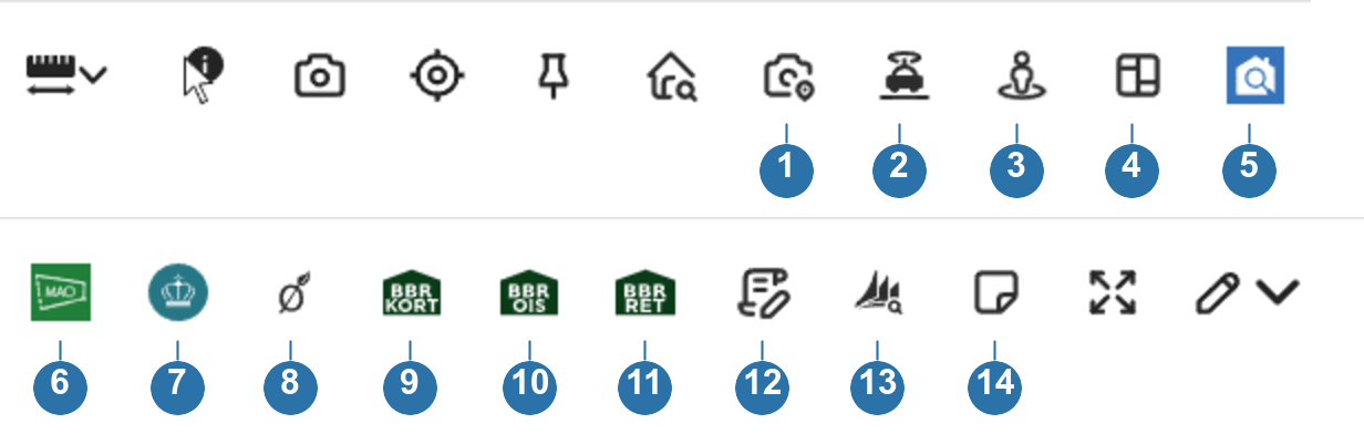 IntraGIS-værktøjslinjen med de fjorten IntraGIS-værktøjer nummereret