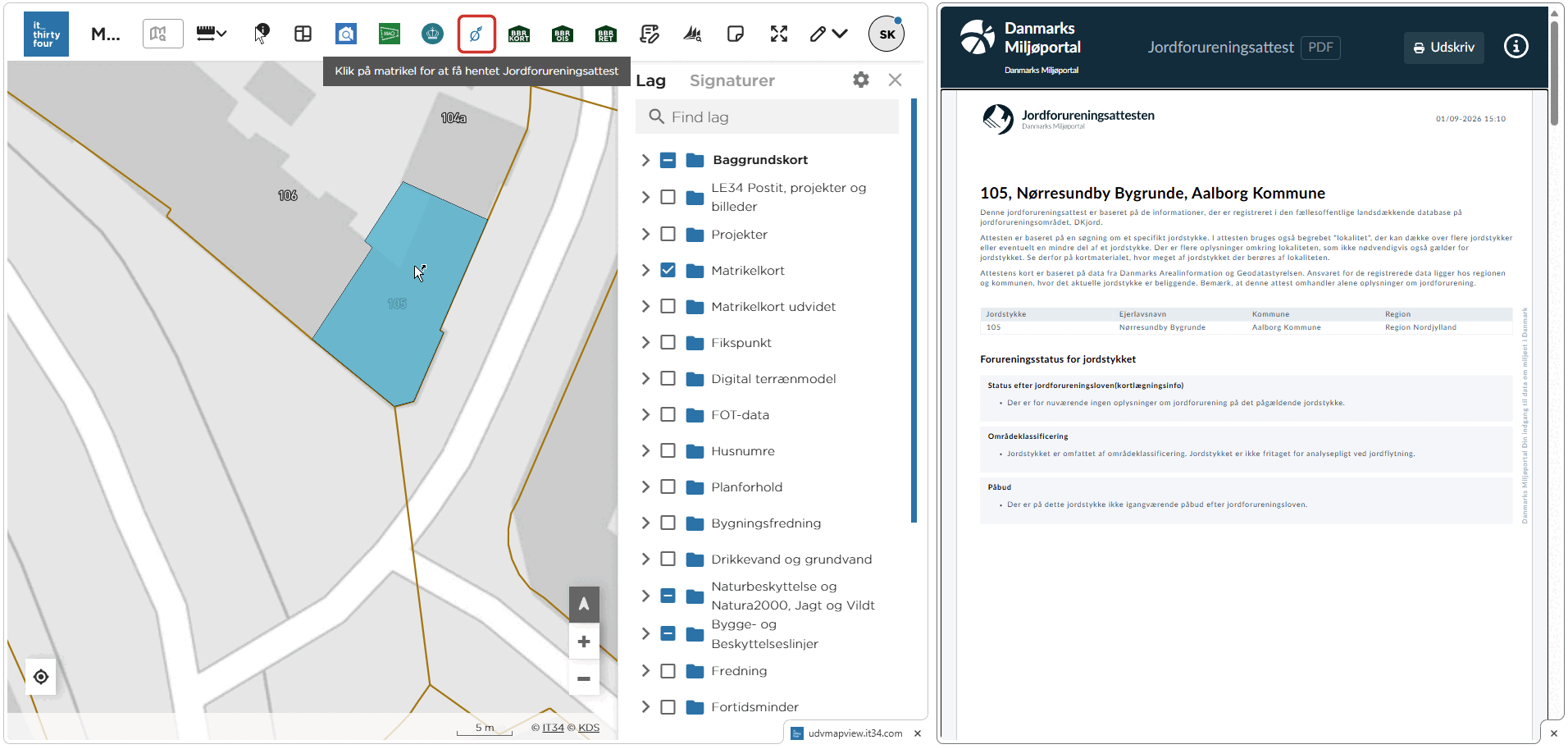 Jordforureningsattest fra Danmarks Miljøportal på matrikel 105