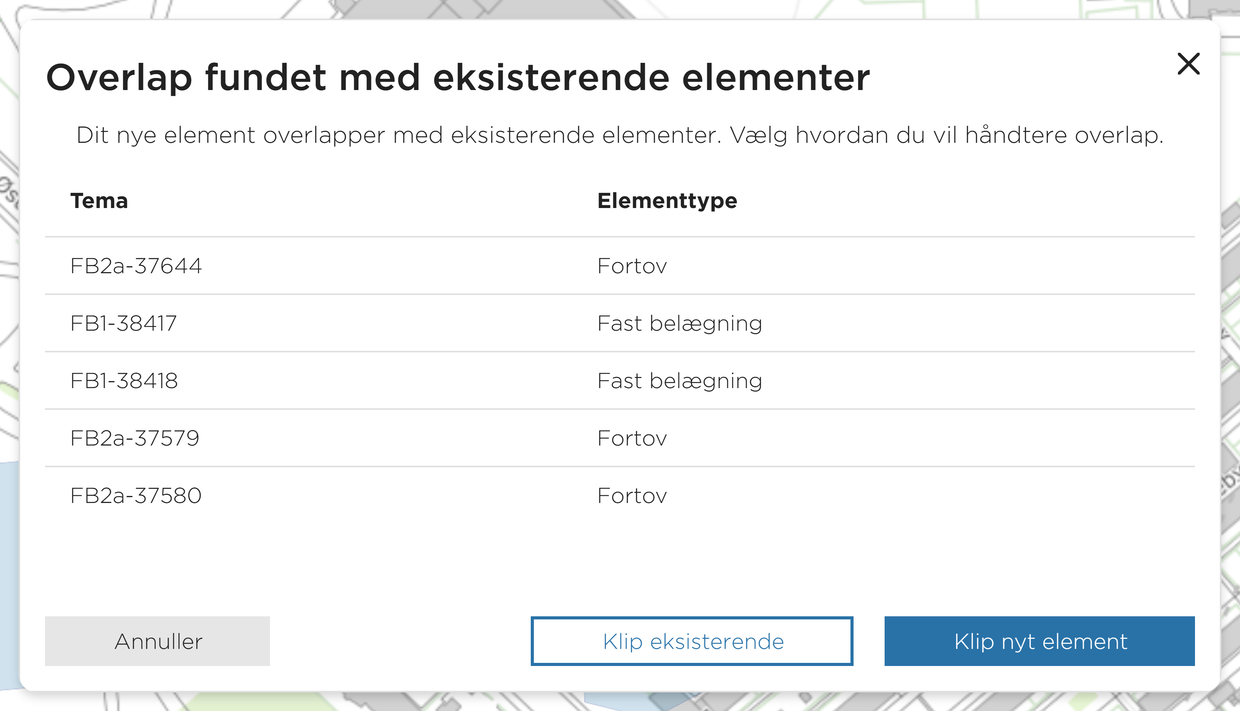 Dialogen Overlap fundet med eksisterende elementer