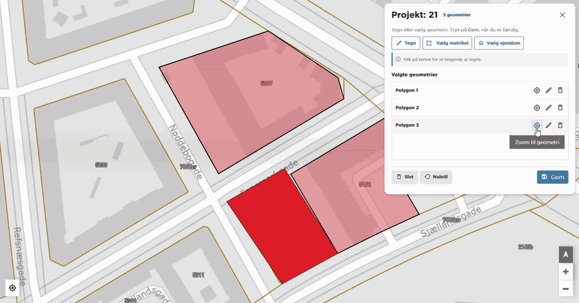 Optagelse: projektets geometri rettes med Tegn og Vælg matrikel