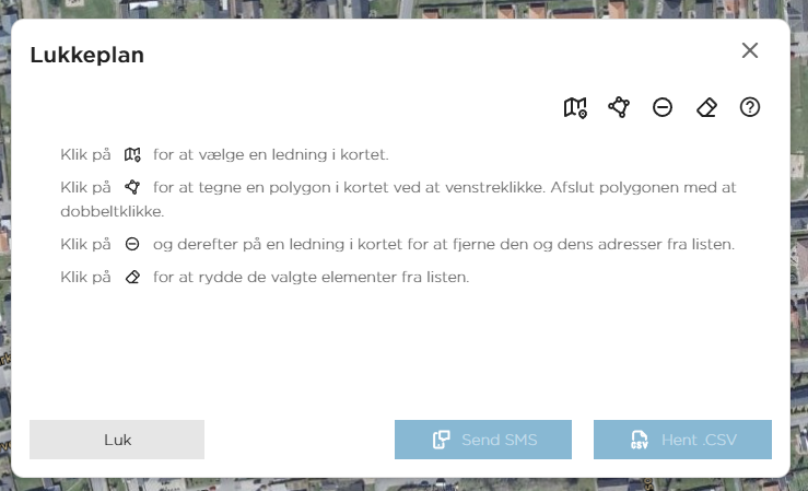 Vinduet Lukkeplan med værktøjerne øverst til højre