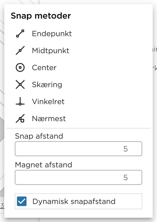 Menuen Snap metoder med snapafstand